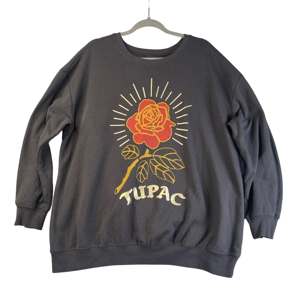 2Pac‎ Tupac Shakur Rose Graphic L Sweatshirt Gray Crewneck Pullover Hip Hop Icon